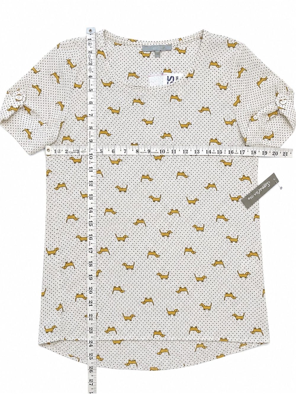 Dachshund Dog Print Polka Dot playful whimsical roll-tab sleeved blouse NWT SM - Picture 7 of 7